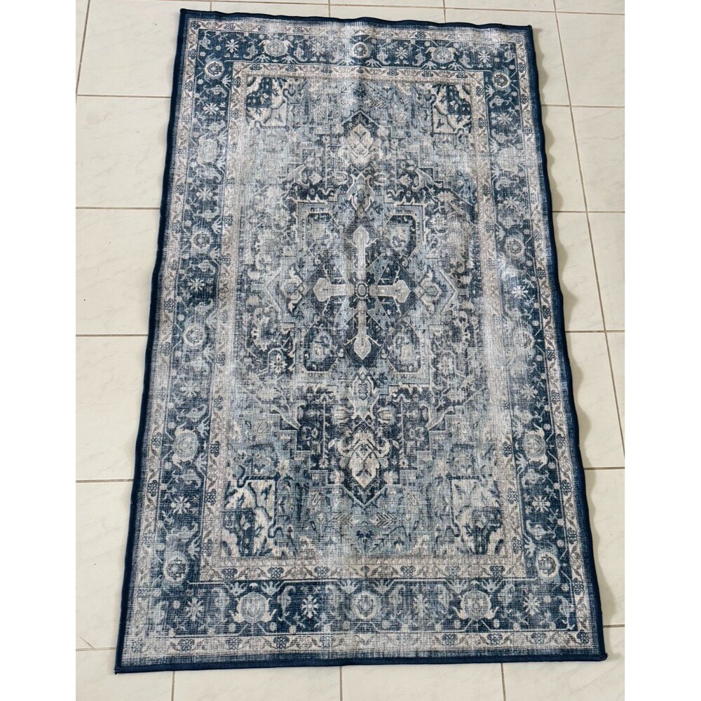 Ruggable Kamran Admiral Blue White Flatwoven Entry Rug 3’x5’ Persian Washable